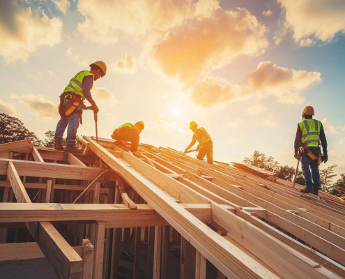 5J Building -Melbourne-House-Building-construction-workers-building-a-roof-frame-against