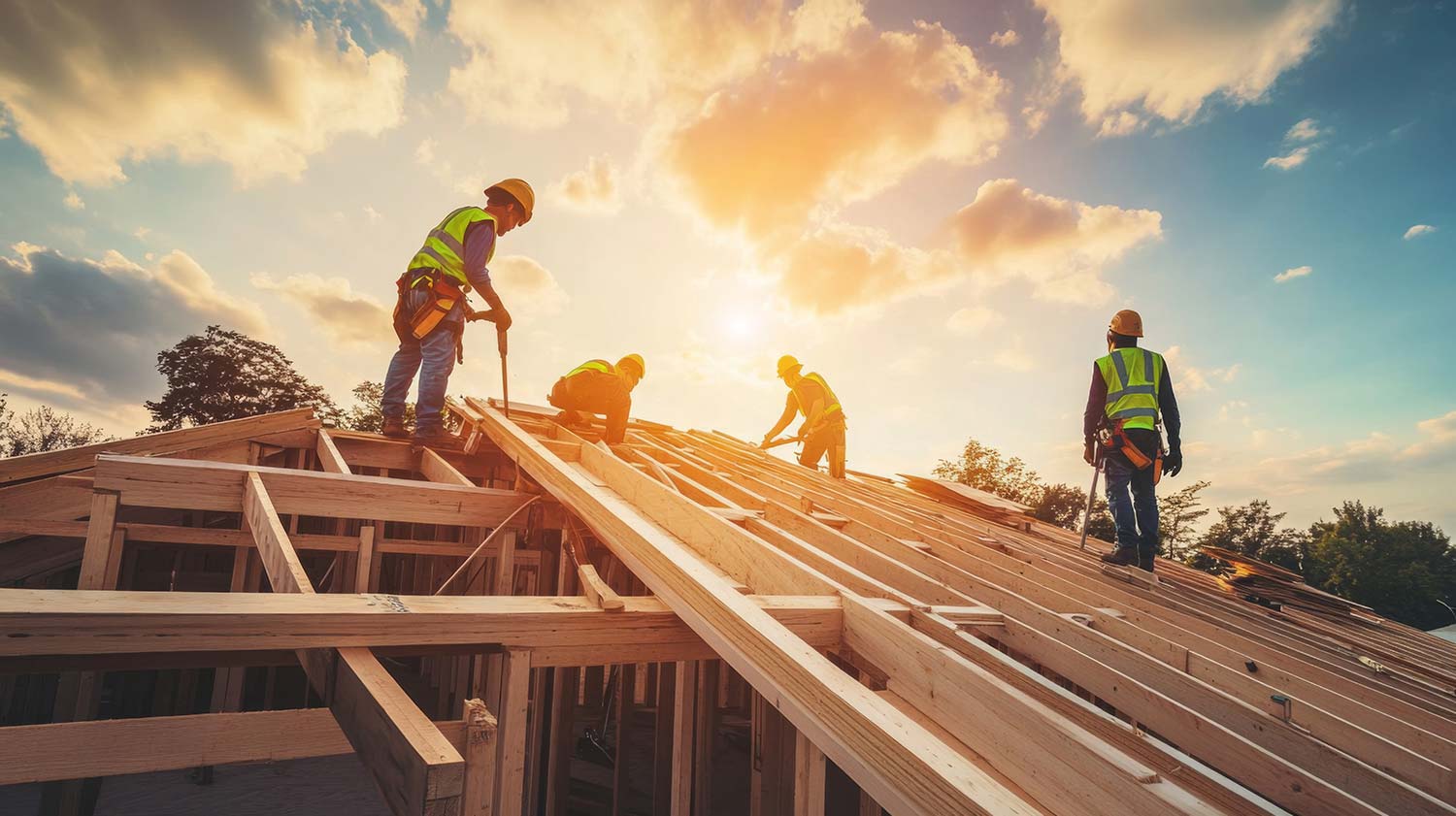 5J Building -Melbourne-House-Building-construction-workers-building-a-roof-frame-against